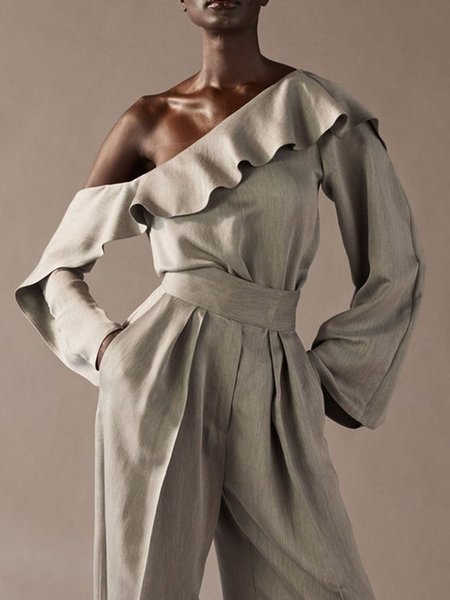 

One Shoulder Daily Regular Fit Long sleeve Simple Top, Gray, Blouses and Shirts