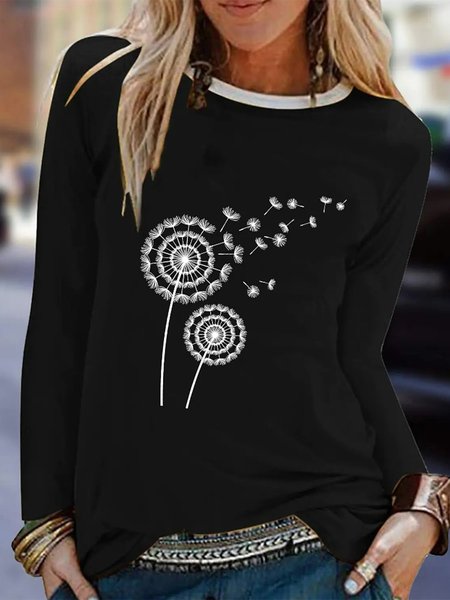 

Casual Dandelion Crew Neck T-Shirt, Black, Shirts & Blouses