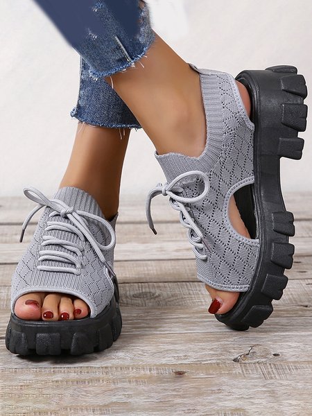 

Cutout Breathable Knit Platform Lightweight Lace-Up Sandals, Gray, Sandals