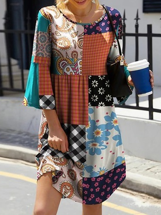 

Loose Color Block Casual Crew Neck Dresses, Multicolor, Dresses