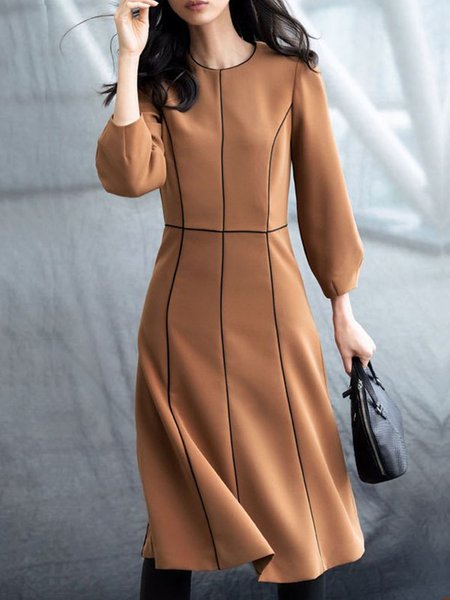 

Elegant Commuting Crew Neck Color Block Dress, Caramel, Midi Dresses
