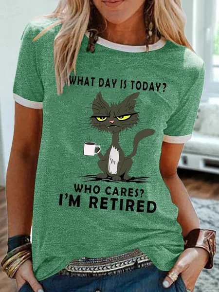 

Women Funny What Day Is Today Who Cares I'm Retired Black Cat Simple T-Shirt, Green, T-shirts