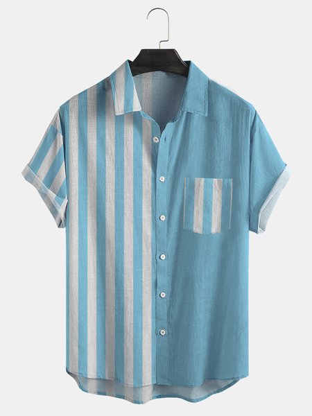 

Cotton Linen Striped Casual Short Sleeve Shirt, As picture, Men's Floral shirt