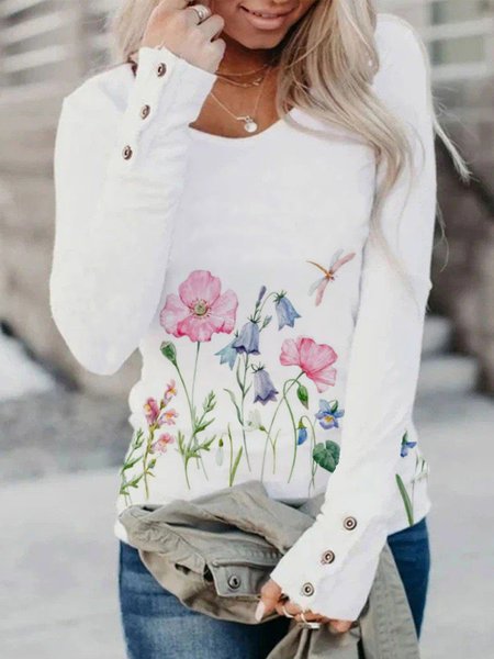 

Floral V Neck Regular Fit Buttoned T-Shirt, White, Shirts & Blouses
