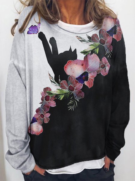 

Color Block Cotton-Blend Crew Neck Loose T-Shirt, Multicolor, Shirts & Blouses