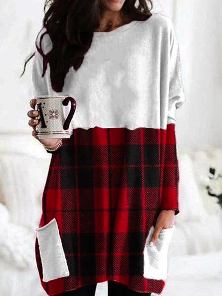 

Crew Neck Plaid Casual T-Shirt, Red, Tunics