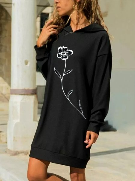 Loose Hoodie Floral Dresses, Black, Dresses