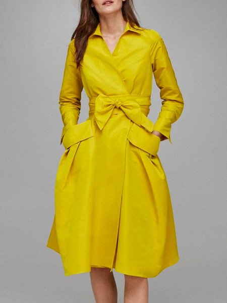 

Elegant Commuting Bow Pockets Long Sleeve Shirt Dress, Yellow, Midi Dresses