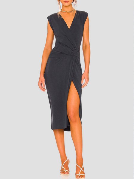 

Elegant Knot Front Plain V Neck Split Dress, As picture, Midi Dresses