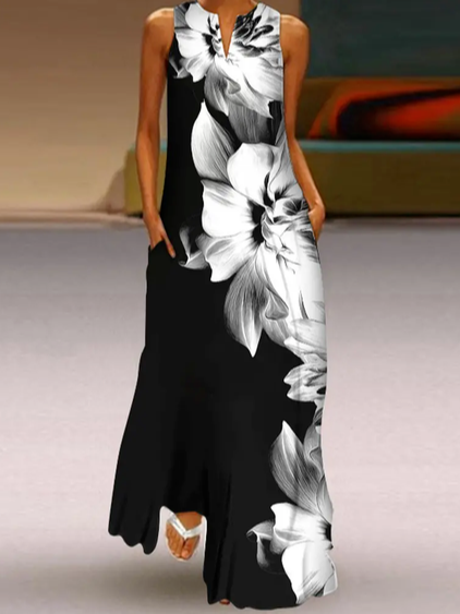 

V Neck Loose Floral Dresses, Black-white, Dresses
