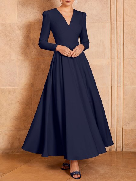 

Elegant Formal V Neck Plain Long Sleeve Dress, Deep blue, Maxi Dresses