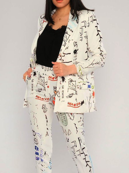 

Autumn Commuting H-Line Long sleeve Loose Lapel Collar Graffiti Blazer, Off white, Blazers