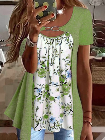 

JFN Casual Floral Design Short Sleeve Top, Green, Blouses