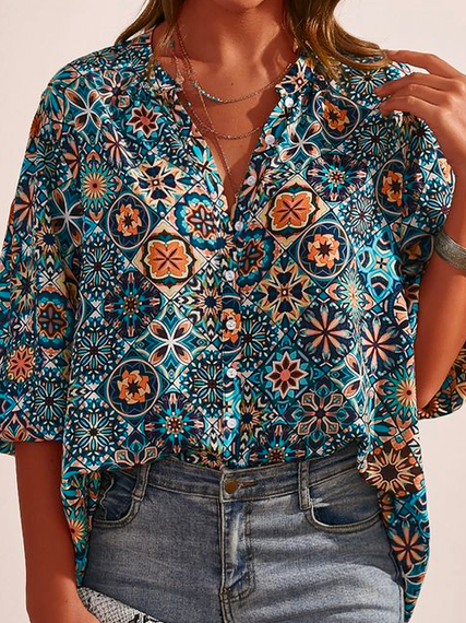 

Vacation Loose Ethnic V Neck Blouse, Multicolor, Shirts & Blouses
