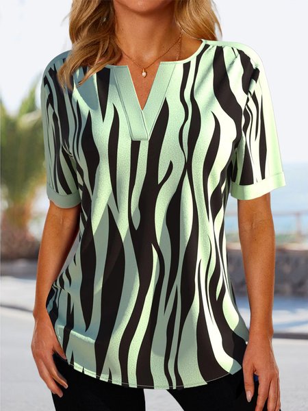 

JFN Notched Neck Striped Casual Loose Tunic Tops, Green, Shirts & Blouses