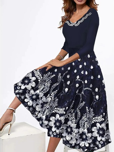 

Elegant V Neck Floral Prom Dresses, Dark blue, Dresses