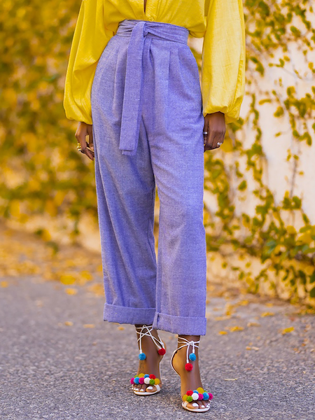 

Autumn High Waist No Elasticity Loose Urban Fashion Pants, Blue, Wide Leg Pants