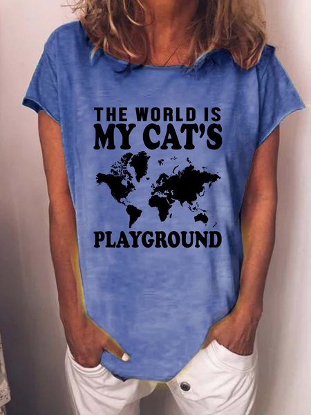 

The World Is My Cat's Playground Women's Map Crew Neck T-Shirt, Blue, T-shirts
