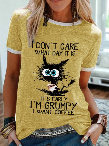 

Womens Funny I Dont Care Black Cat Casual T-Shirt, Yellow, T-shirts
