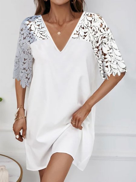 

V Neck Plain Elegant Lace Dresses, White, Dresses
