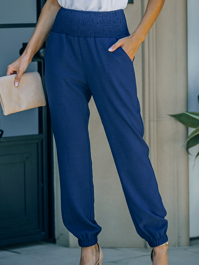 

Plain Cotton-Blend Loose Casual Pants, Blue, Pants