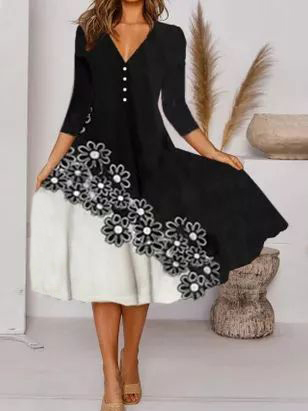 

Floral V Neck Cotton-Blend Dresses, Black, Midi Dresses