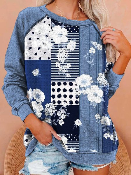 

Loose Floral Crew Neck Sweatshirts, Blue, Sweatshirts & Hoodies