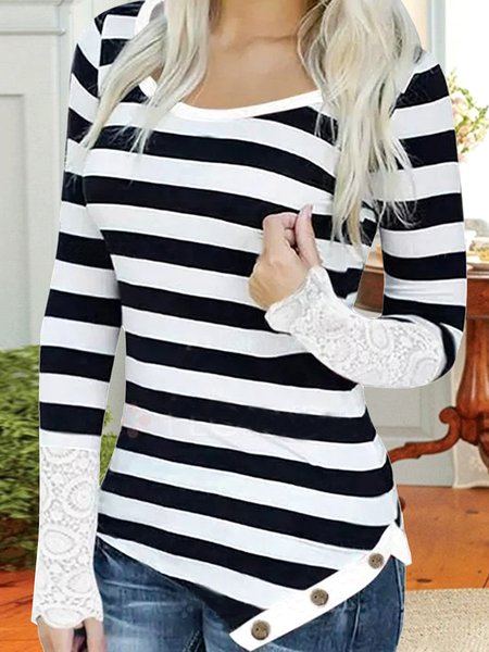 

Striped Casual Crew Buttoned Neck T-Shirt, Black-white, Shirts & Blouses