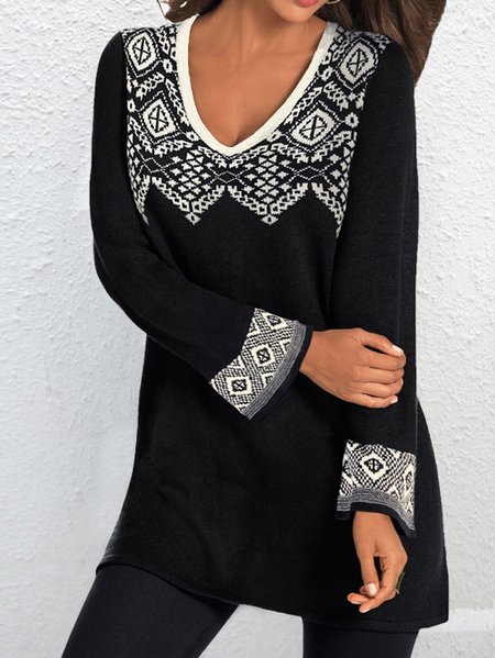 

V Neck Casual Regular Fit Top, Black, Tunics
