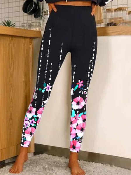 

Floral Casual Leggings, Black, leggings
