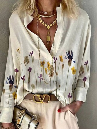 

V Neck Loose Floral Blouse, Multicolor, Shirts & Blouses
