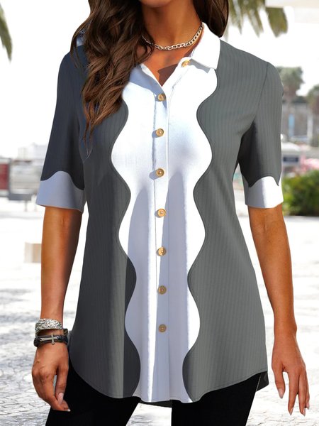 

Shirt Collar Striped Regular Fit Color Block Blouse, Gray, Shirts & Blouses