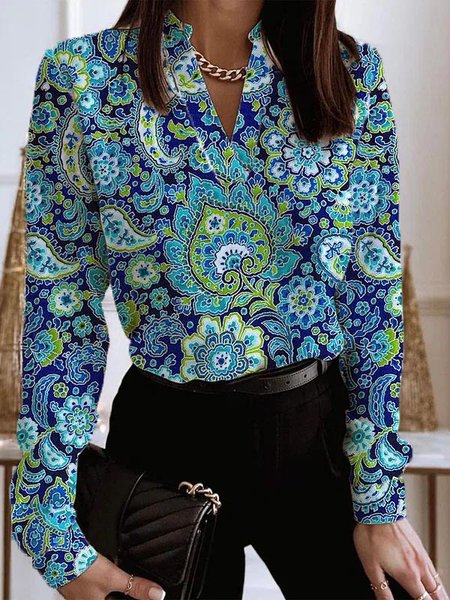 

Mandala Stand Collar Casual Blouse, Blue, Shirts & Blouses