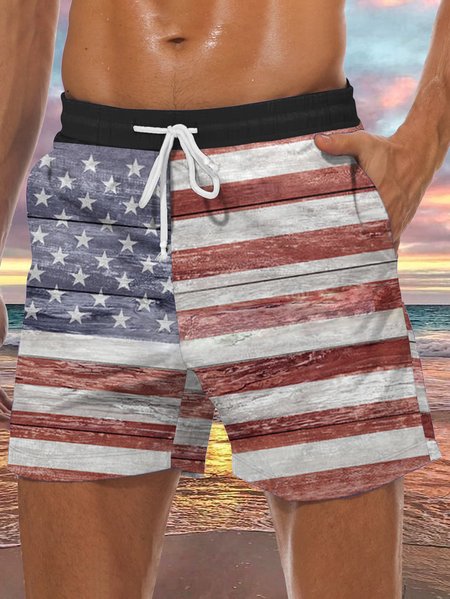 

Men's American Flag Element Print Casual Vacation Beach Shorts, Red, Men's shorts