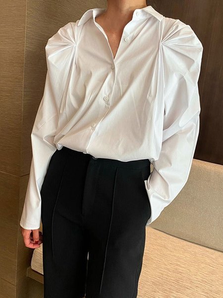 

Shirt Collar Loosen Plain Simple Blouse, White, Blouses and Shirts