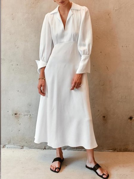 Elegant Work Plain Long Sleeve Shirt Collar Dress, White, Maxi Dresses