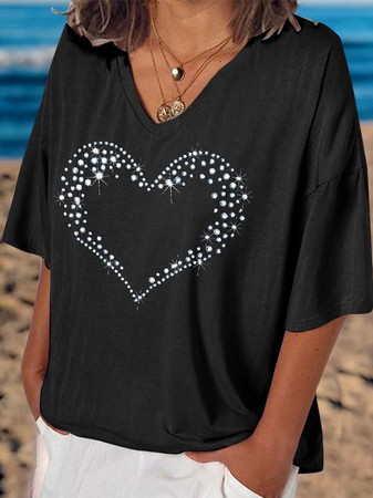 

Geometric Sequins V Neck Casual T-Shirt, Black, Tees & T-shirts