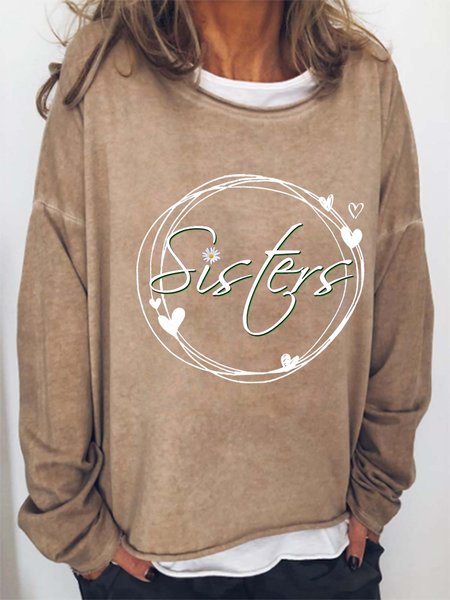 

Women Floral Sisters Crew Neck Casual Text Letters Sweatshirts, Khaki, Hoodies&Sweatshirts