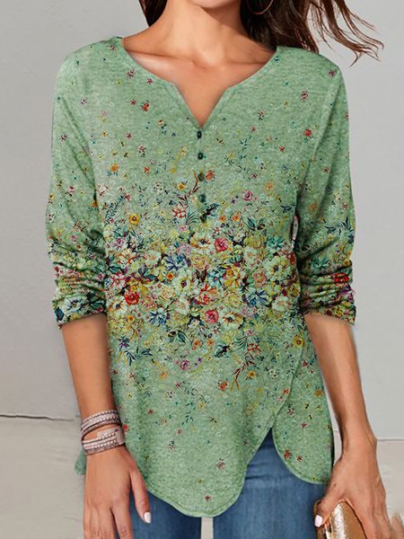 

Casual Floral Design Long Sleeve Knit Top, Green, Tunics