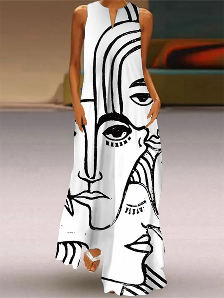 

Women Casual Abstract Print Pockets V Neck Loose Sleeveless Tank Dress, White, Maxi Dresses