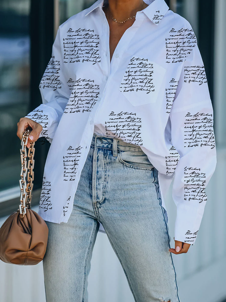 

Autumn A-Line Long sleeve Shirt Collar Text Letters Daily Blouse, White, Blouses and Shirts