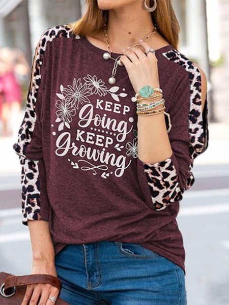 

Leopard Loose Crew Neck Text Letters Tops, Red, Shirts & Blouses