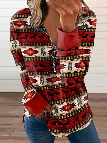 

Ethnic Pattern Casual V Neck Regular Fit Sweatshirt, Red, Sweatshirts & Hoodies