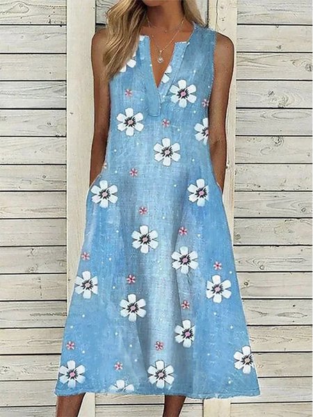 

Floral Pockets Sleeveless Casual Denim Dress, Blue, Denim Dresses