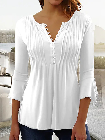 

JFN V Neck Buttoned Basic Casual Plain Ruched Tunic Top, White, Shirts & Blouses