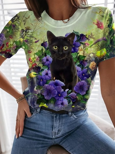 Casual Floral Cat Short Sleeve Round Neck Printed Top T Shirt
