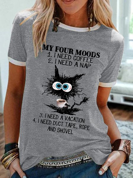 

Womens Funny Four Moods Coffee Crew Neck Text Letters T-Shirt, Gray, T-shirts