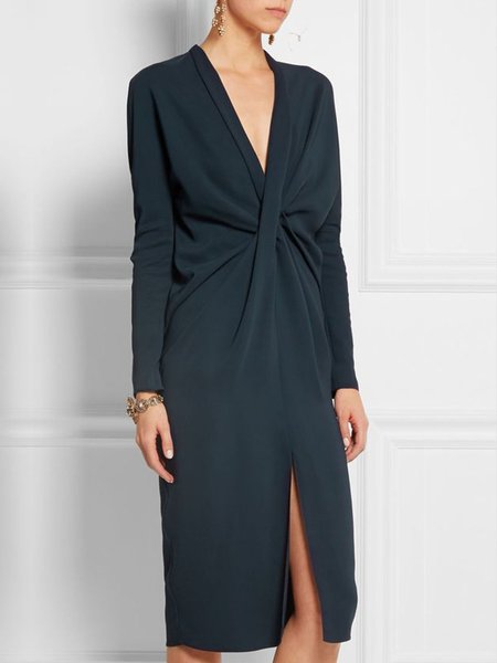 

Elegant Commuting Knot Front Plain V Neck Dress, Black, Midi Dresses