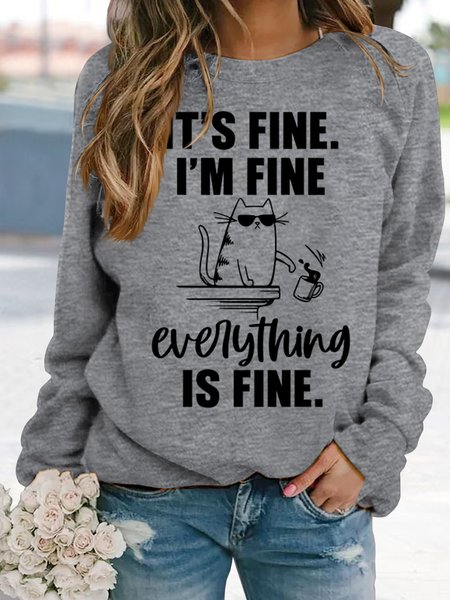 Cat I'm fine everything's fine loose sweater Plus Size, Gray, Sweatshirts & Hoodies