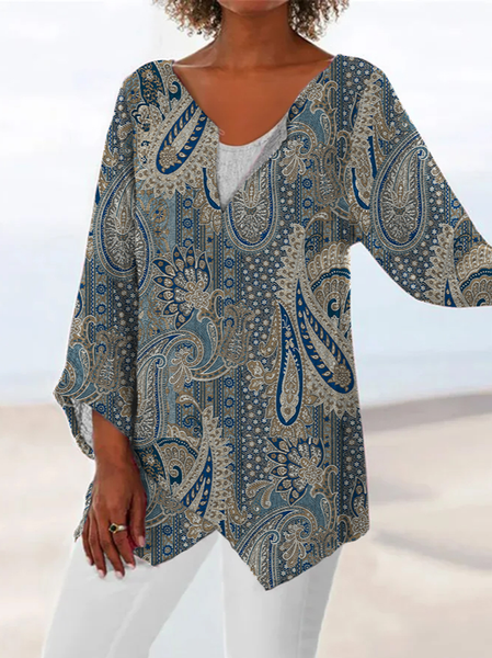 

Casual V Neck Paisley Tops, Blue, Shirts & Blouses